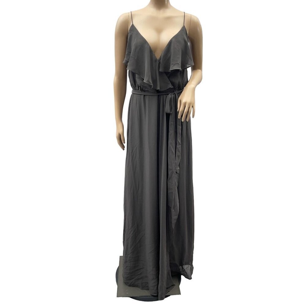 Nouvelle AMSALE Gray Maxi Gown Dress Ruffle Detail V-Neck Chiffon Size S